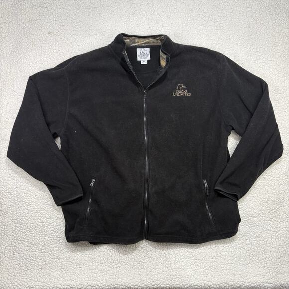 Ducks Unlimited Black w/ Camo Accent Full Zip Fleece Sweater Jacket Men's XXL - Picture 1 of 6